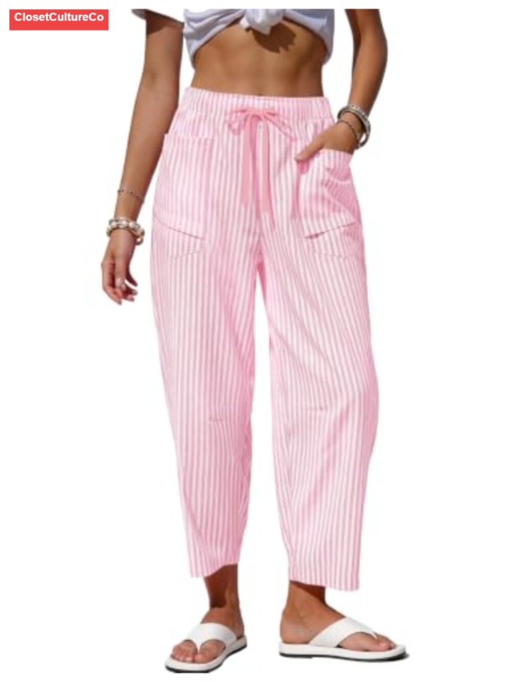 Womens Striped Barrel Pants Drawstring Wide Leg Cotton Polyester Faux Linen